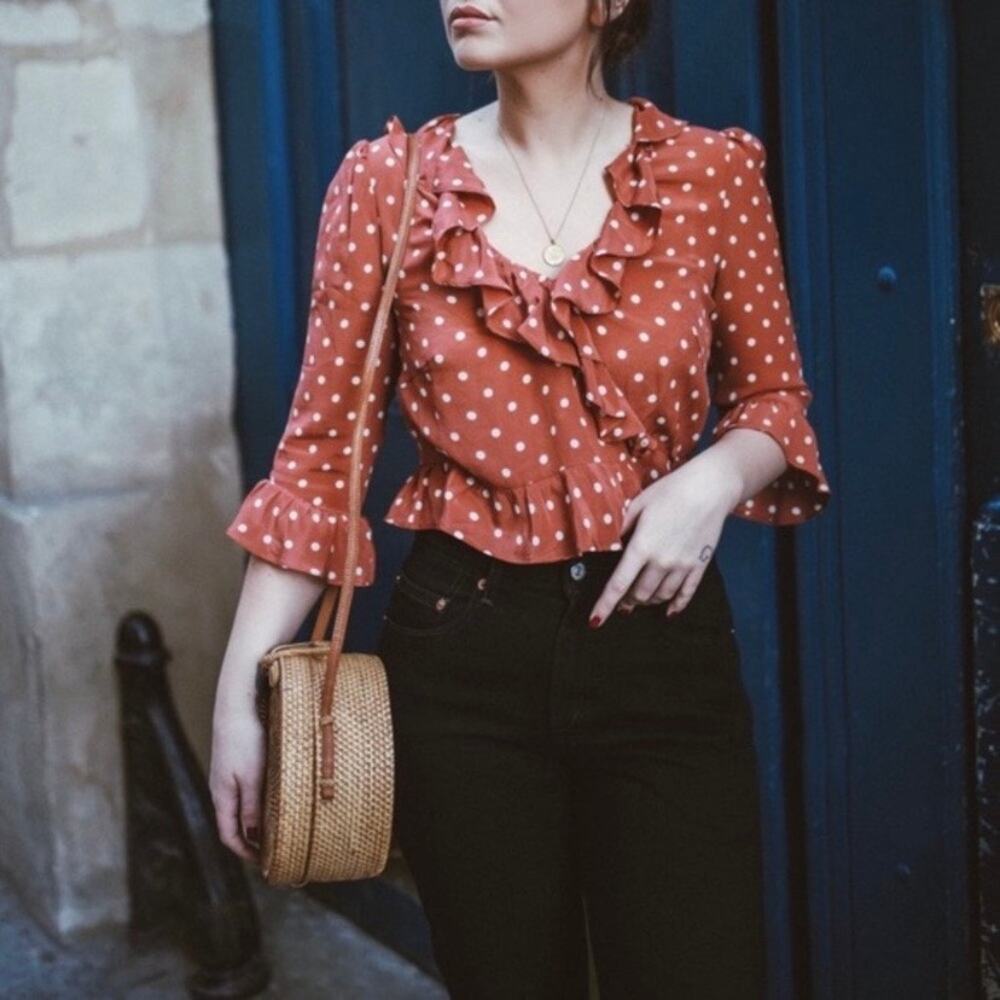 Realisation Par The Cher Burnt Orange Polka Dot Silk Ruffle Wrap Top XS NWT